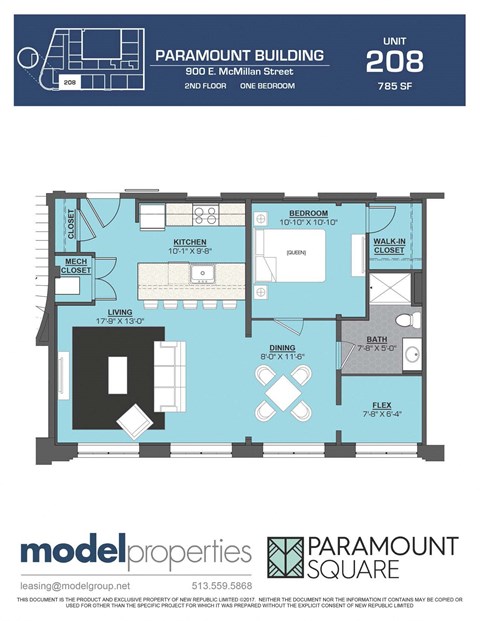 Floor plan for 1 bed, 1 bath, 785 sqft